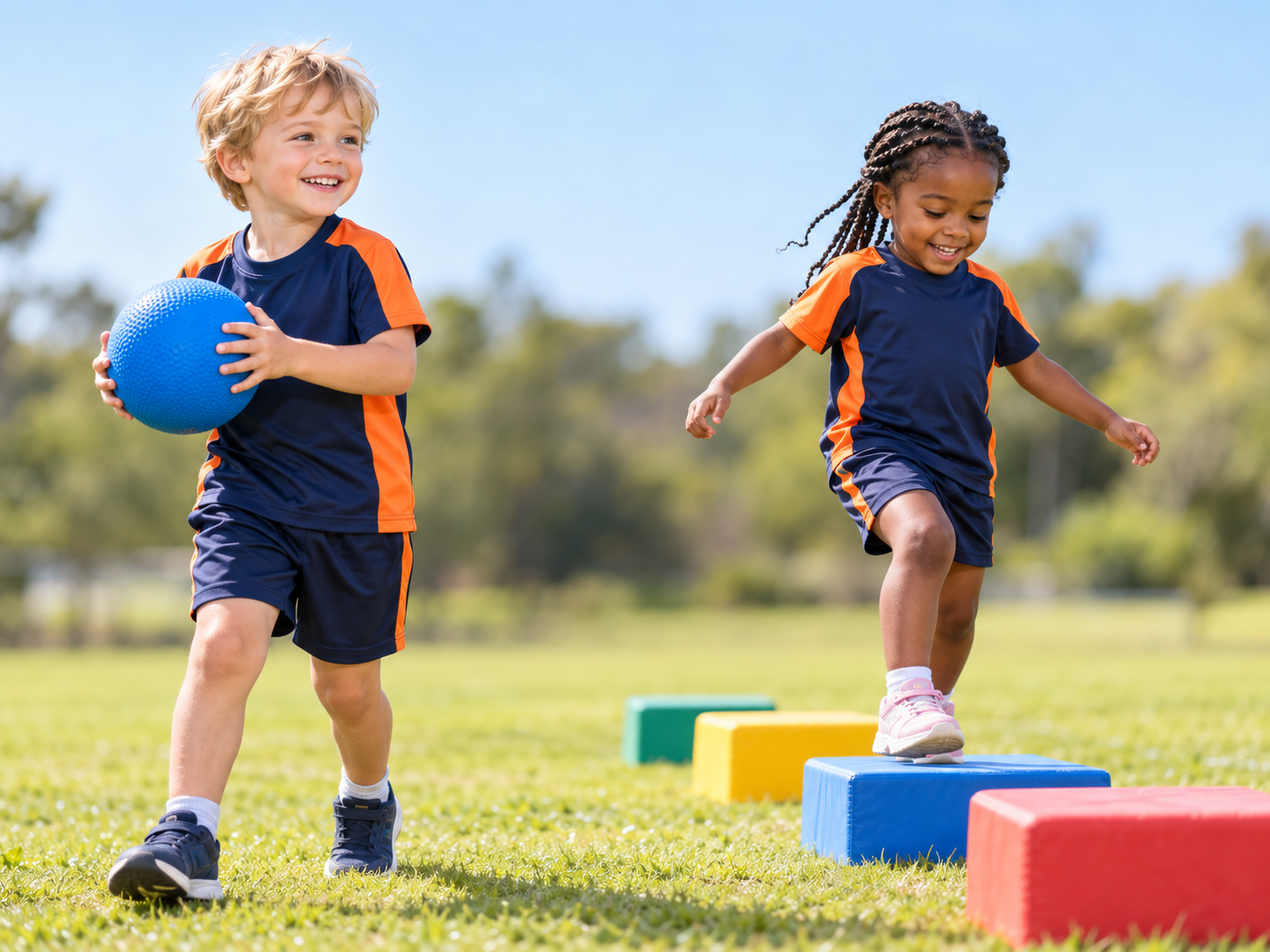 Young children enjoying a preschool sports activity outdoors